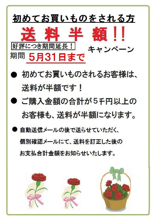 初めてお買い物をされるお客様　送料半額　ご購入金額5千円以上のお客様も送料半額！