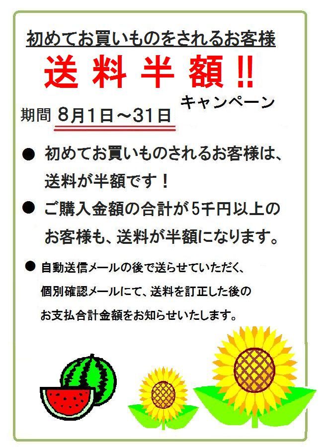 初めてお買い物をされるお客様 送料半額! 8月末日まで期間限定